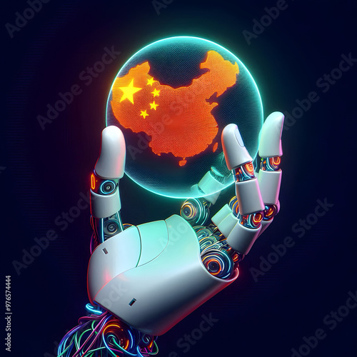 A robotic hand grips a globe with Chinese flag, representing technological supremacy. photo