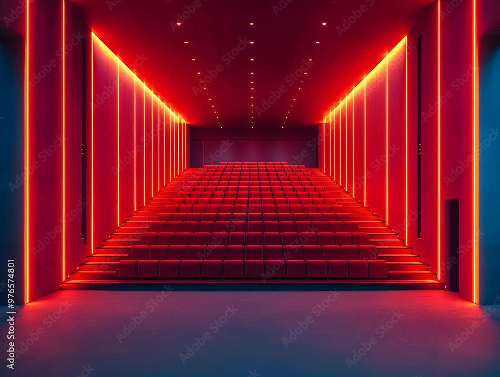 Red Cinema Illustration: Empty Theater with Glowing Lights Red Cinema Illustration: Empty Theater with Glowing Lights
