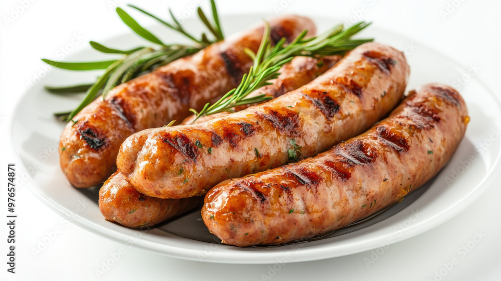 'A plate with three bratwursts, one whole and two cut, isolated on a white background, garnished with parsley' 'A plate with three bratwursts, one whole and two cut, isolated on a white background, garnished with parsley'