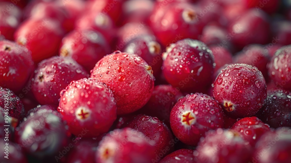 Close-up of fresh, red cranberries with water droplets. Close-up of fresh, red cranberries with water droplets.