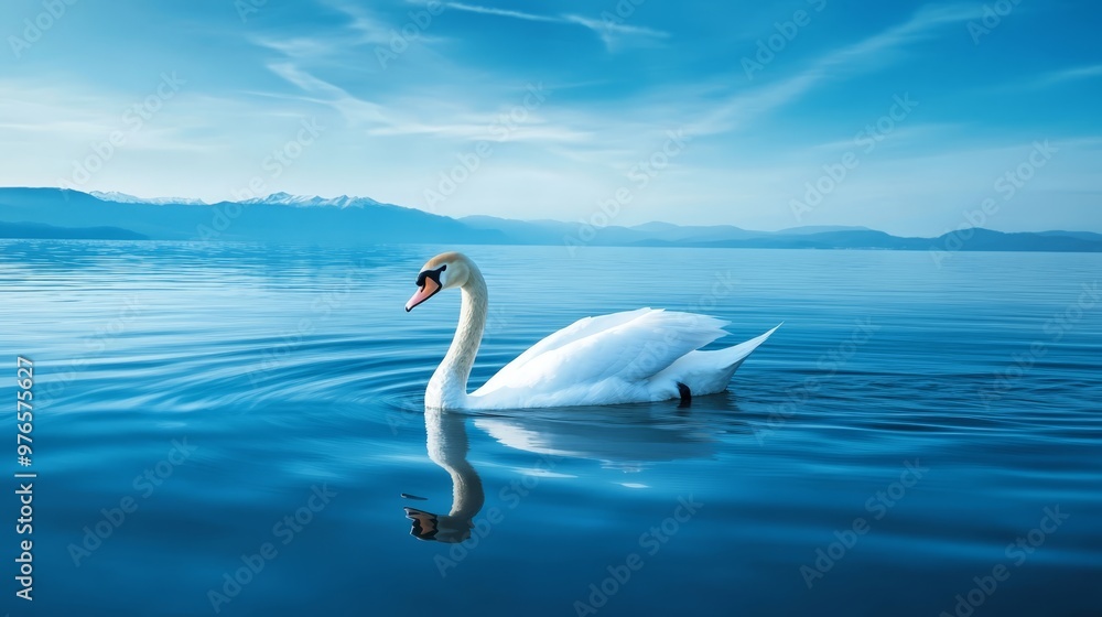 Majestic Swan in Calm Lake with Mountain Background Majestic Swan in Calm Lake with Mountain Background