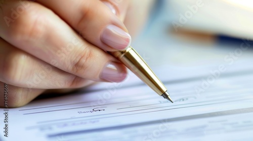 A hand holding a pen over a document with a signature line