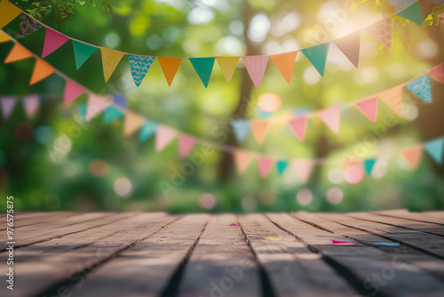 Festive Outdoor Celebration with Colorful Bunting and Wooden Table