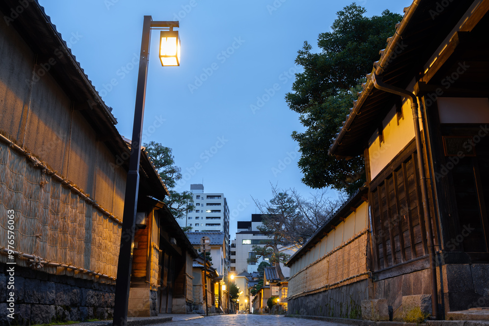 Night of Nagamachi District traditional houses alley in Kanazawa, Ishikawa, Japan