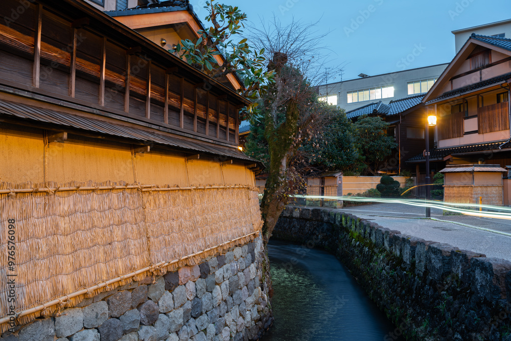 Night of Nagamachi District traditional houses alley in Kanazawa, Ishikawa, Japan