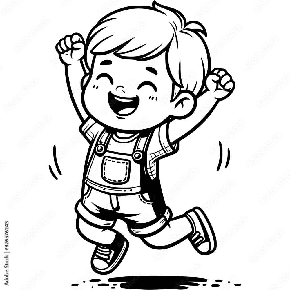 Cheerful boy jumped up happily and raised his hands up in monochrome. Simple minimalistic vector in black ink drawing on transparent background Cheerful boy jumped up happily and raised his hands up in monochrome. Simple minimalistic vector in black ink drawing on transparent background