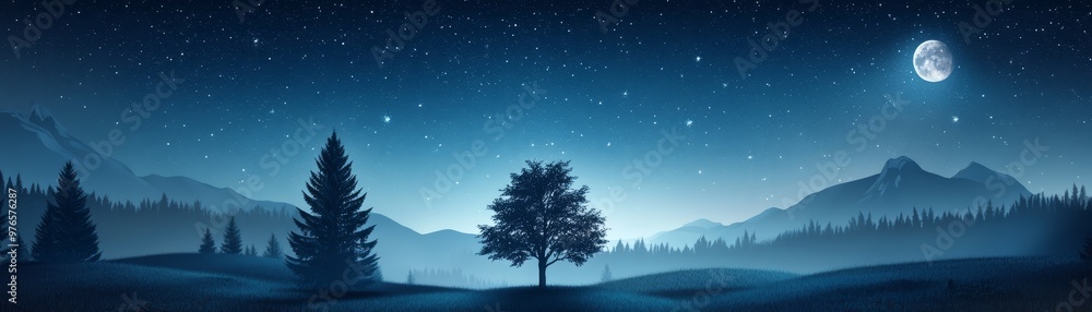 Night Sky with Full Moon and Stars over Mountains and Forest Night Sky with Full Moon and Stars over Mountains and Forest