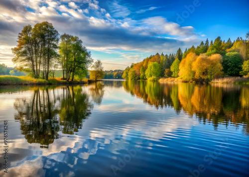 Autumn's Embrace on Tranquil Waters: A breathtaking vista of a serene lake mirroring the vibrant hues of fall foliage under a cerulean sky. 