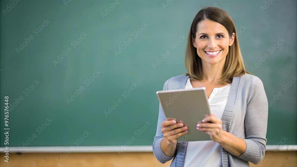 Smiling teacher holding a tablet in front of a chalkboard, creating a positive and engaging classroom environment. Smiling teacher holding a tablet in front of a chalkboard, creating a positive and engaging classroom environment.