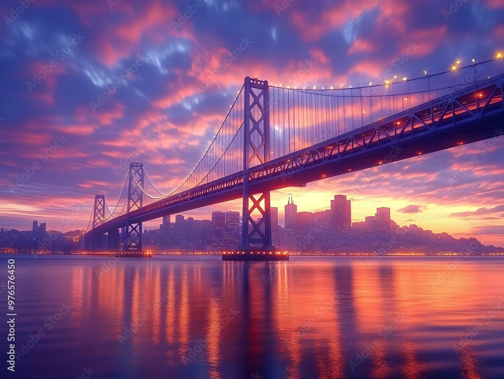 San Francisco Bay Bridge Illustration at Sunset with City Skyline San Francisco Bay Bridge Illustration at Sunset with City Skyline