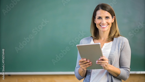 Smiling teacher holding a tablet in front of a chalkboard, creating a positive and engaging classroom environment. photo