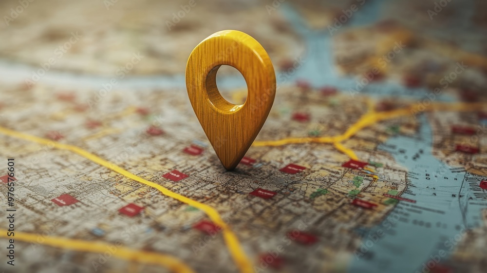 3D yellow location pin marking a specific location on the city map 3D yellow location pin marking a specific location on the city map