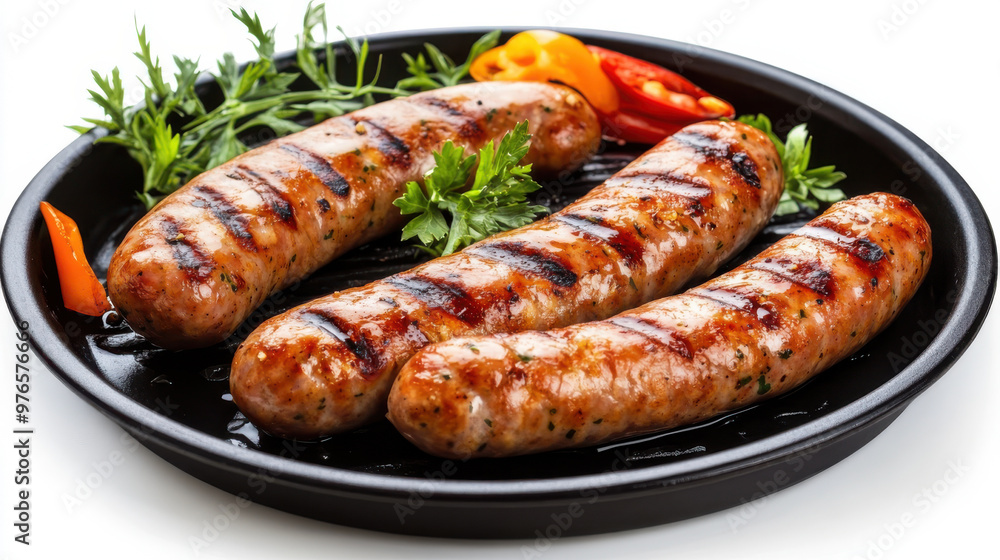 Delicious pork chipolatas sausages in a frying pan isolated on white Delicious pork chipolatas sausages in a frying pan isolated on white