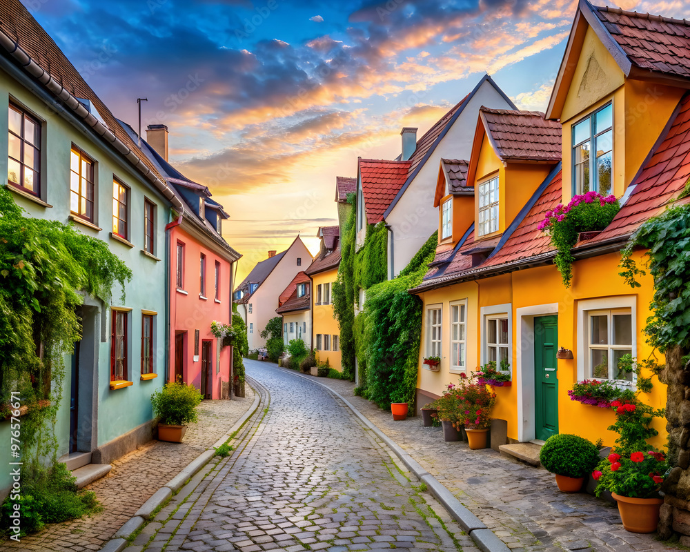 Fototapeta premium Cobblestone Street at Sunset: A charming and picturesque cobblestone street lined with colorful houses, bathed in the warm glow of a setting sun. The scene evokes a sense of tranquility and charm, w