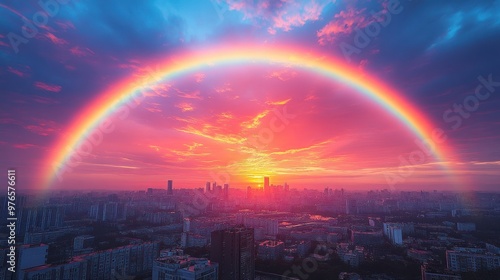 Rainbow Over City at Sunset