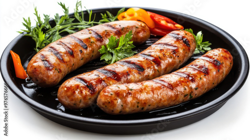 Delicious pork chipolatas sausages in a frying pan isolated on white