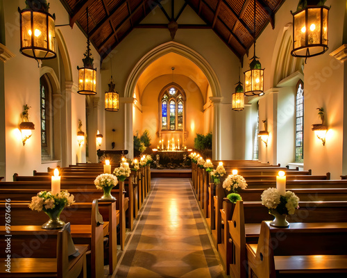 Candlelit Sanctuary: A serene and romantic church interior, adorned with white floral arrangements and flickering candlelight, sets the stage for a wedding ceremony, capturing the timeless beauty and 