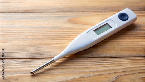 Close-up of a digital thermometer on a wooden surface, ideal for healthcare and medical-related themes.