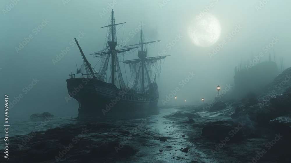 Haunting Spectacle of a Ghostly Pirate Ship on Foggy Beach at Moonlight - Photorealistic Blender Rendering Haunting Spectacle of a Ghostly Pirate Ship on Foggy Beach at Moonlight - Photorealistic Blender Rendering