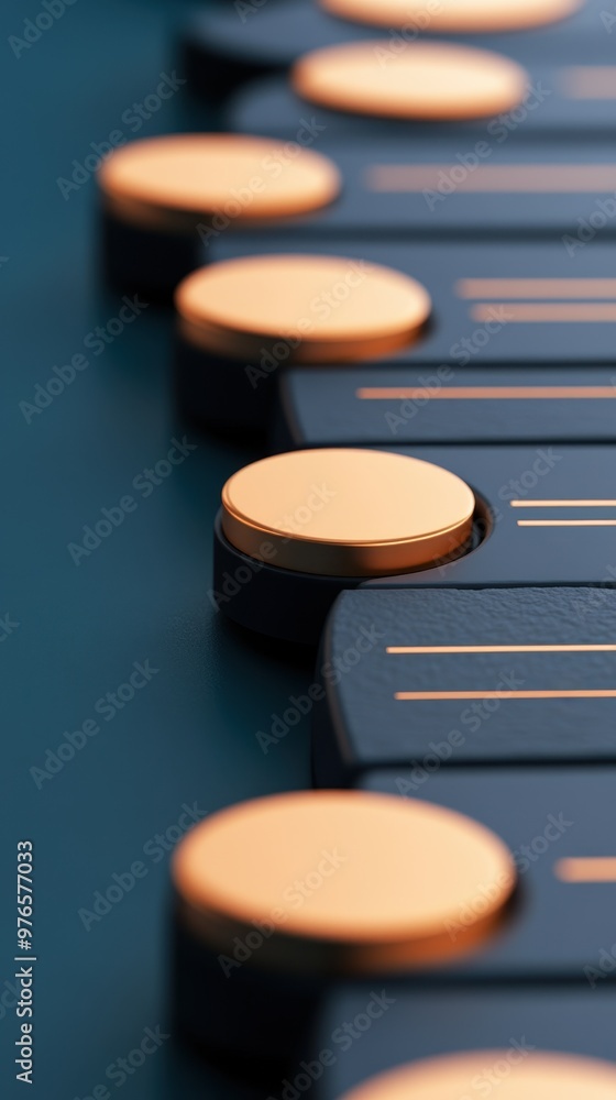 Close-up of modern black and gold buttons arranged in a stylish pattern, showcasing simplicity and elegance in design. Close-up of modern black and gold buttons arranged in a stylish pattern, showcasing simplicity and elegance in design.