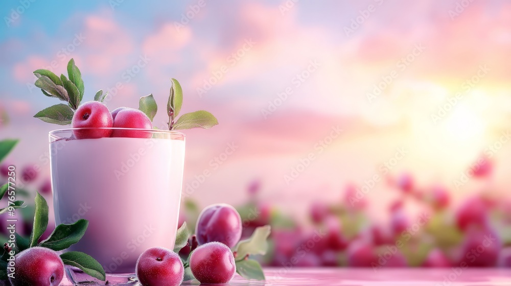 Glass of Milk with Fresh Red Plums on a Pink Background Glass of Milk with Fresh Red Plums on a Pink Background