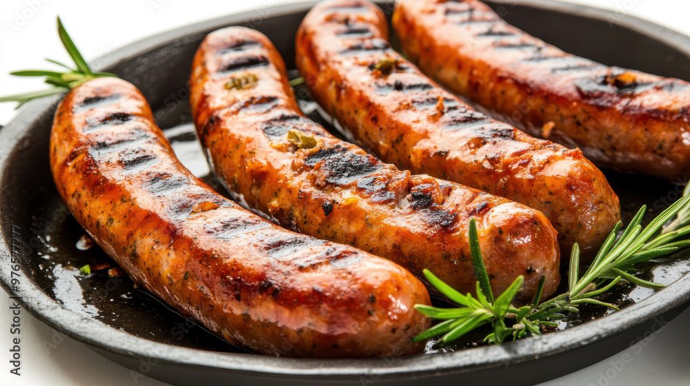 Delicious pork chipolatas sausages in a frying pan isolated on white Delicious pork chipolatas sausages in a frying pan isolated on white
