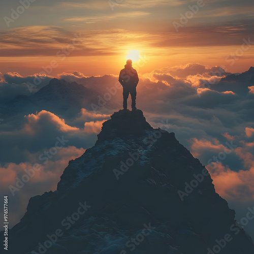 Silhouette of Hiker on Mountain Peak at Sunset Illustration