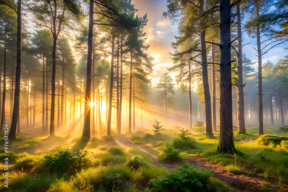 Golden Hour in the Enchanted Forest: Sunbeams pierce the morning mist, illuminating a lush woodland path in a captivating display of natural beauty. Golden Hour in the Enchanted Forest: Sunbeams pierce the morning mist, illuminating a lush woodland path in a captivating display of natural beauty.
