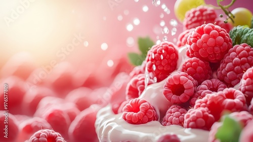 Fresh Raspberries in Cream with Water Drops