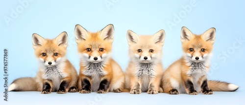 A charming group of four adorable foxes sitting side by side against a soft blue background, showcasing their playful nature.