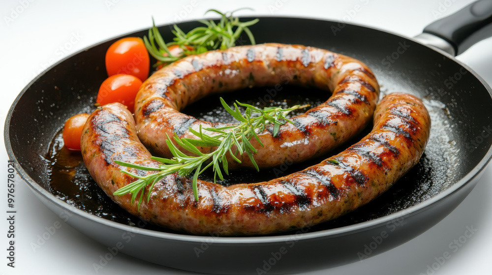 Delicious pork chipolatas sausages in a frying pan isolated on white Delicious pork chipolatas sausages in a frying pan isolated on white
