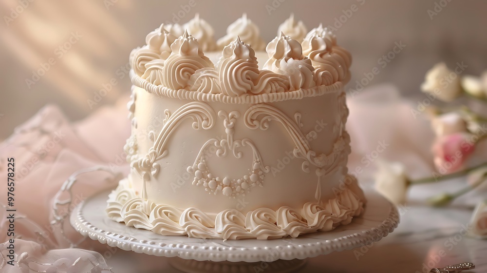 Elegant White Cake with Whipped Cream and Floral Design Elegant White Cake with Whipped Cream and Floral Design