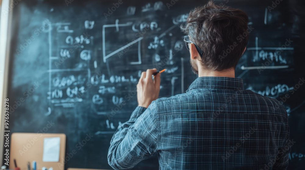 Teacher or lecturer standing in front of a large chalkboard with complex mathematical equations, writing or solving or teaching in a classroom. Teacher or lecturer standing in front of a large chalkboard with complex mathematical equations, writing or solving or teaching in a classroom.