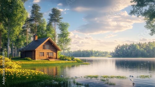 Cabin by the Lake in the Forest at Sunset