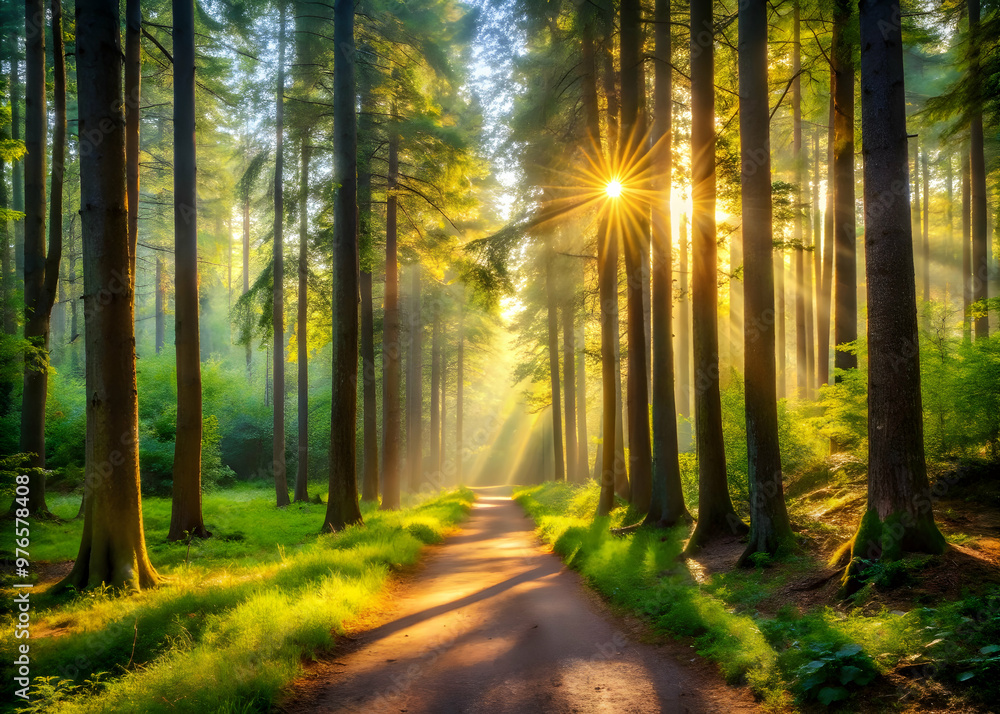Obraz premium Sunlit Forest Path: A sunbeam pierces through the dense canopy of a verdant forest, illuminating a winding dirt path that invites exploration. The morning mist adds an ethereal touch, promising a jour