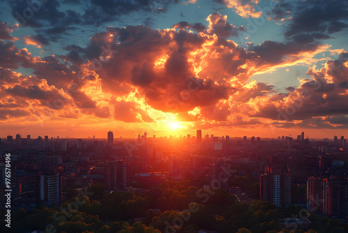 Fiery Sunset Cityscape Illustration - Urban Glow