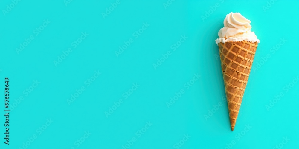 A delicious vanilla ice cream cone with swirls of soft serve against a bright turquoise background, capturing the simplicity and joy of enjoying a summer treat. A delicious vanilla ice cream cone with swirls of soft serve against a bright turquoise background, capturing the simplicity and joy of enjoying a summer treat.