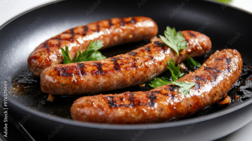 Delicious pork chipolatas sausages in a frying pan isolated on white Delicious pork chipolatas sausages in a frying pan isolated on white