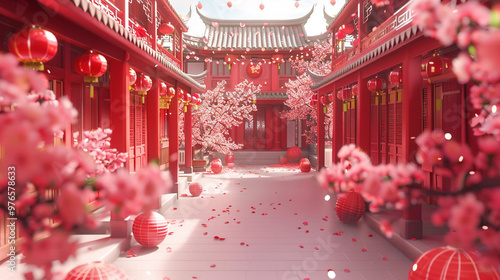 3D interior Chinese New Year, featuring a red festive courtyard with lanterns hanging on the walls and peach blossoms blooming outside the gate