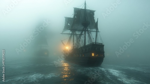 Wallpaper Mural Ghostly Pirate Ship Sailing Through Fog with Glowing Lanterns and Eerie Figures - Photorealistic 3D Rendering in Blender Cycles Torontodigital.ca