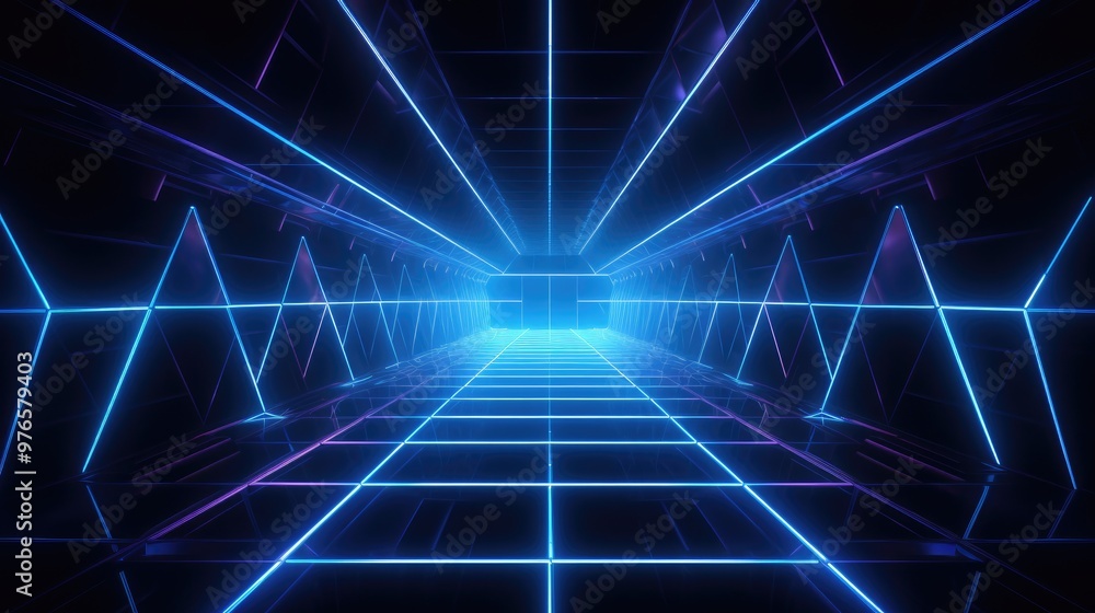 Fototapeta premium Abstract digital corridor with neon light and grid pattern.