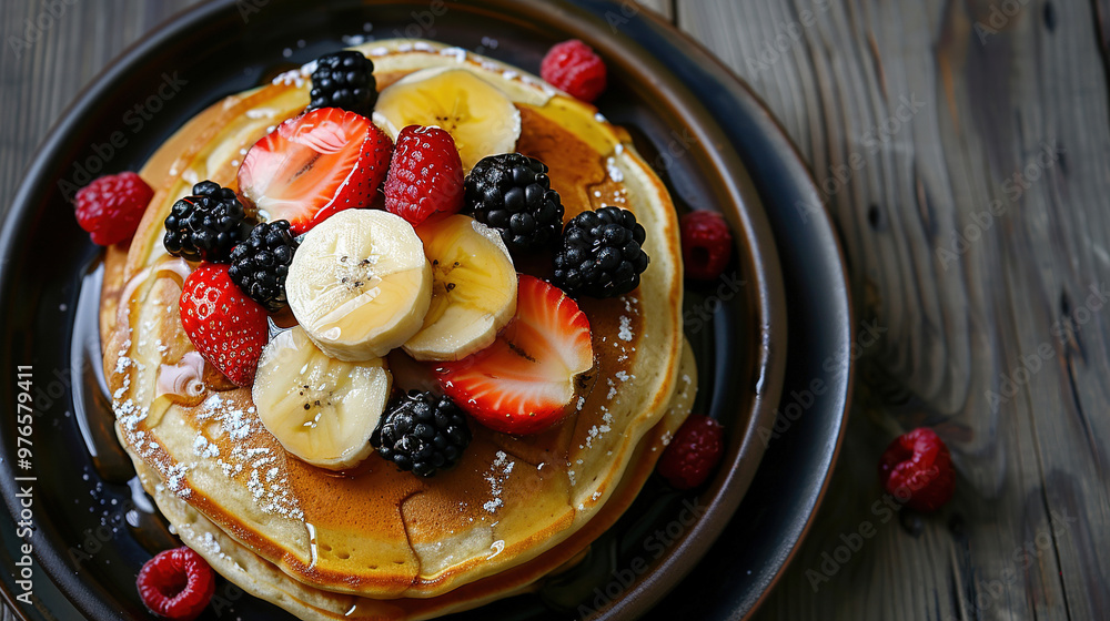 A plate of fluffy pancakes with banana, strawberry and blackberry fruits drizzled in maple syrup, on a dark wooden background A plate of fluffy pancakes with banana, strawberry and blackberry fruits drizzled in maple syrup, on a dark wooden background