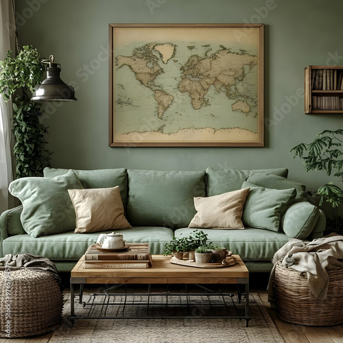 Cozy Living Room Illustration Featuring World Map Decor and Green Sofa photo