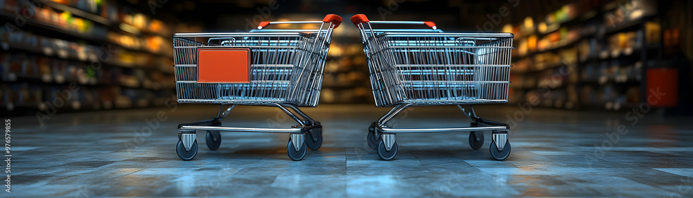 Empty Shopping Carts 3D Render in Supermarket Aisle Empty Shopping Carts 3D Render in Supermarket Aisle