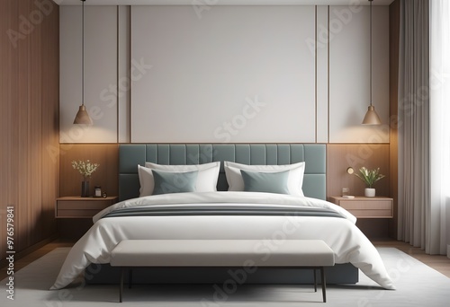 Perspective of modern bedroom with white bed and blank picture frames on wall, Interior design with minimal style. 3D rendering.
