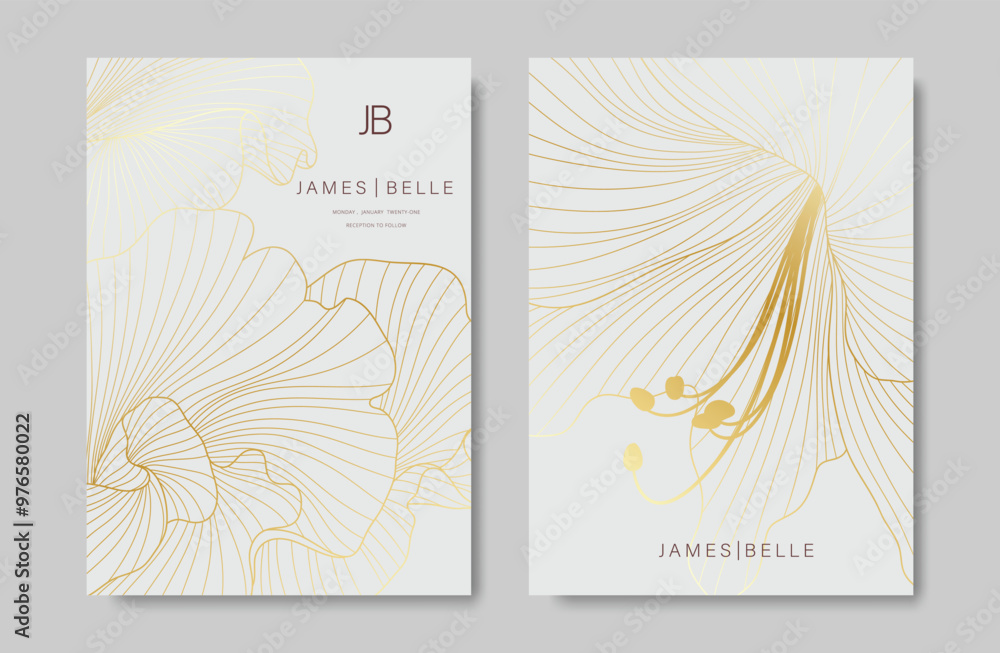 Luxury gold line floral card vector set. Plant hand drawn with copy space for text and peony flower line art on white background. Botanical design suitable for banner, cover, invitation, wedding. Luxury gold line floral card vector set. Plant hand drawn with copy space for text and peony flower line art on white background. Botanical design suitable for banner, cover, invitation, wedding.