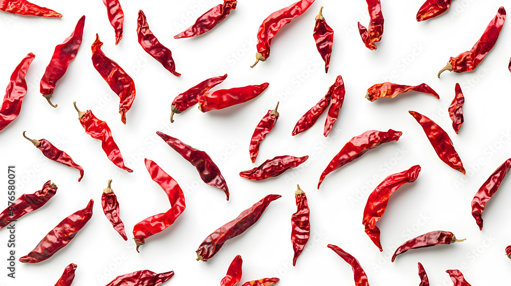 Minimalistic scattered arrangement of dried red chili peppers on a plain white background Minimalistic scattered arrangement of dried red chili peppers on a plain white background