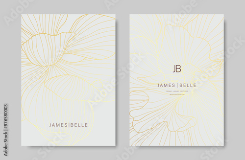 Luxury gold line floral card vector set. Plant hand drawn with copy space for text and peony flower line art on white background. Botanical design suitable for banner, cover, invitation, wedding.