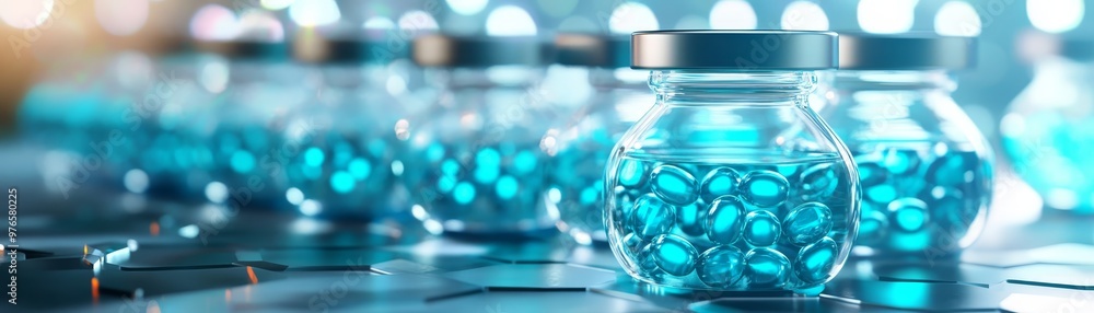 Blue Pills in Glass Bottles Science Healthcare Medical Research Laboratory Blue Pills in Glass Bottles Science Healthcare Medical Research Laboratory
