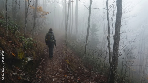 A hiker exploring a trail in the Smoky Mountains with dense fog